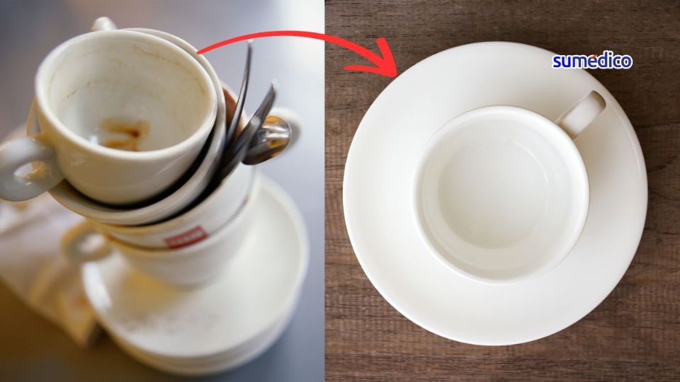 Las manchas de café en las tazas pueden ser difíciles de remover solo con jabón.